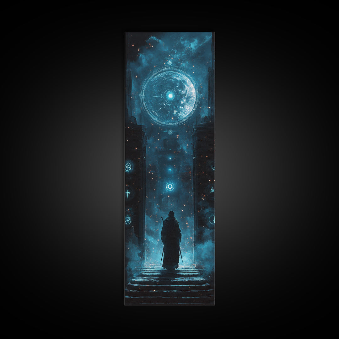 Lone Figure Before Glowing Cosmic Portal Canvas Print, Sci Fi Wall Art, Cyberpunk Decor, Futuristic Space Art For Gaming Room