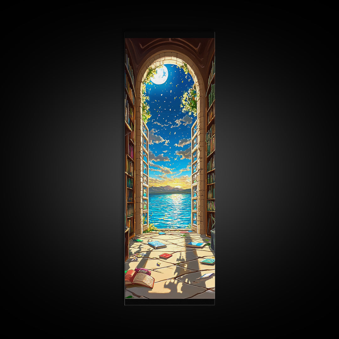 Moonlit Library Arch With Ocean View Framed Canvas Print, Book Lover Wall Art, Coastal Decor, Reading Nook Art For Cozy Home Decor