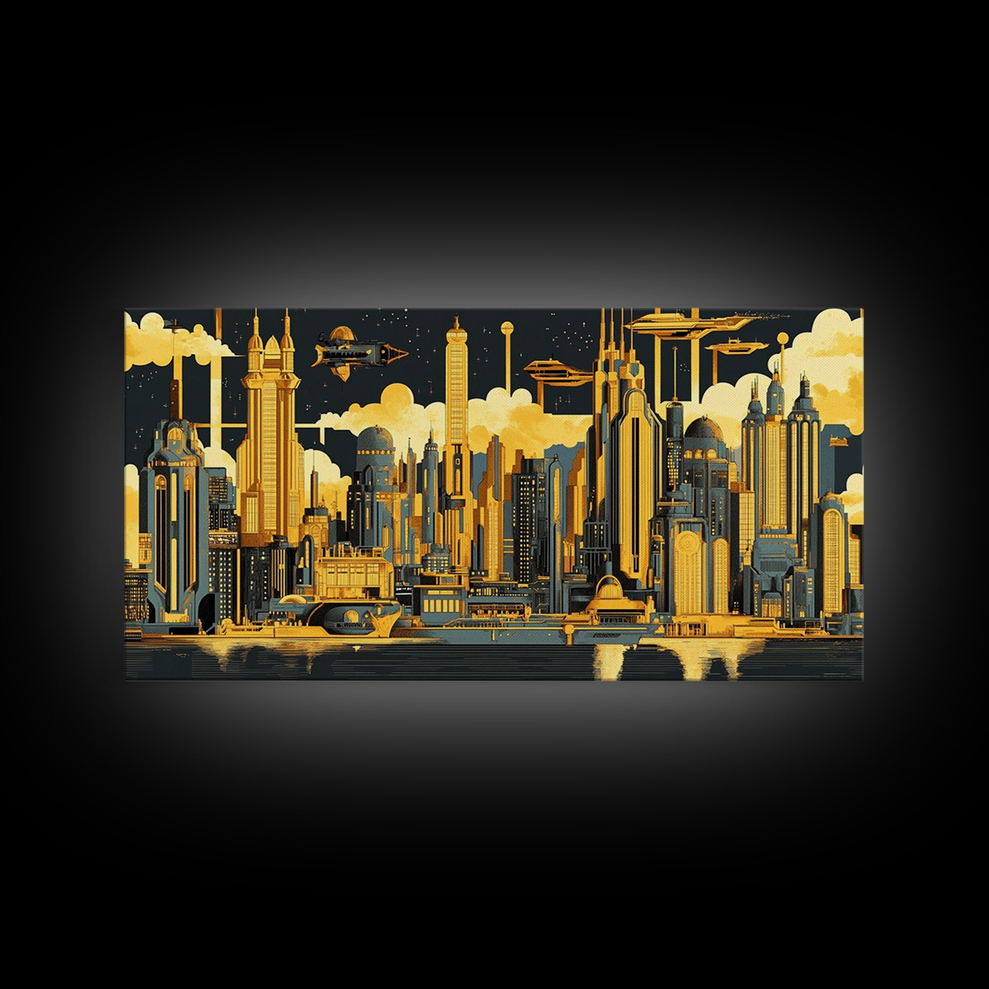 Golden Futuristic Skyline With Airships Canvas Print, Sci Fi Cityscape Wall Art, Modern Office Decor, Large Statement Artwork