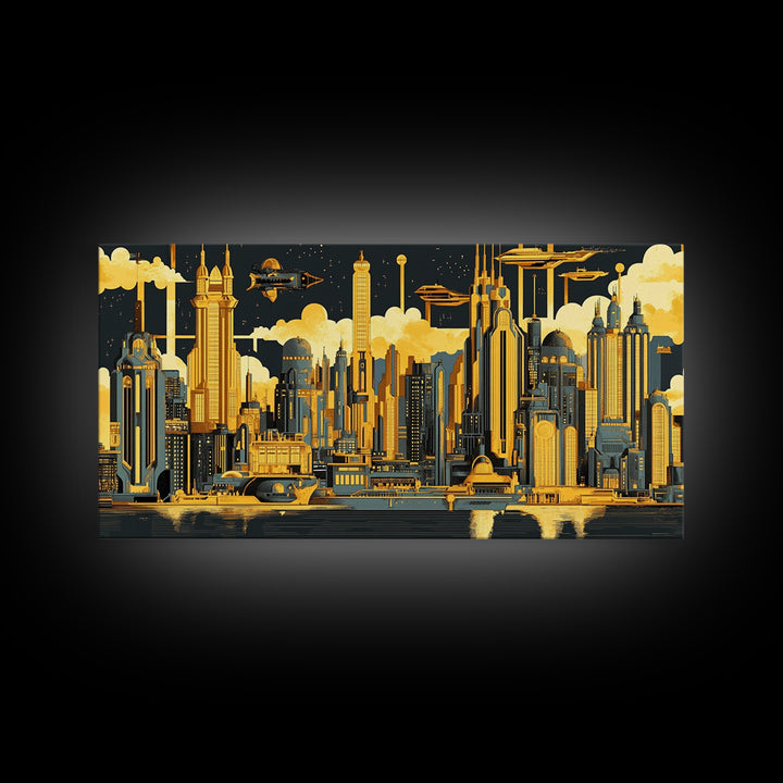Golden Futuristic Skyline With Airships Canvas Print, Sci Fi Cityscape Wall Art, Modern Office Decor, Large Statement Artwork