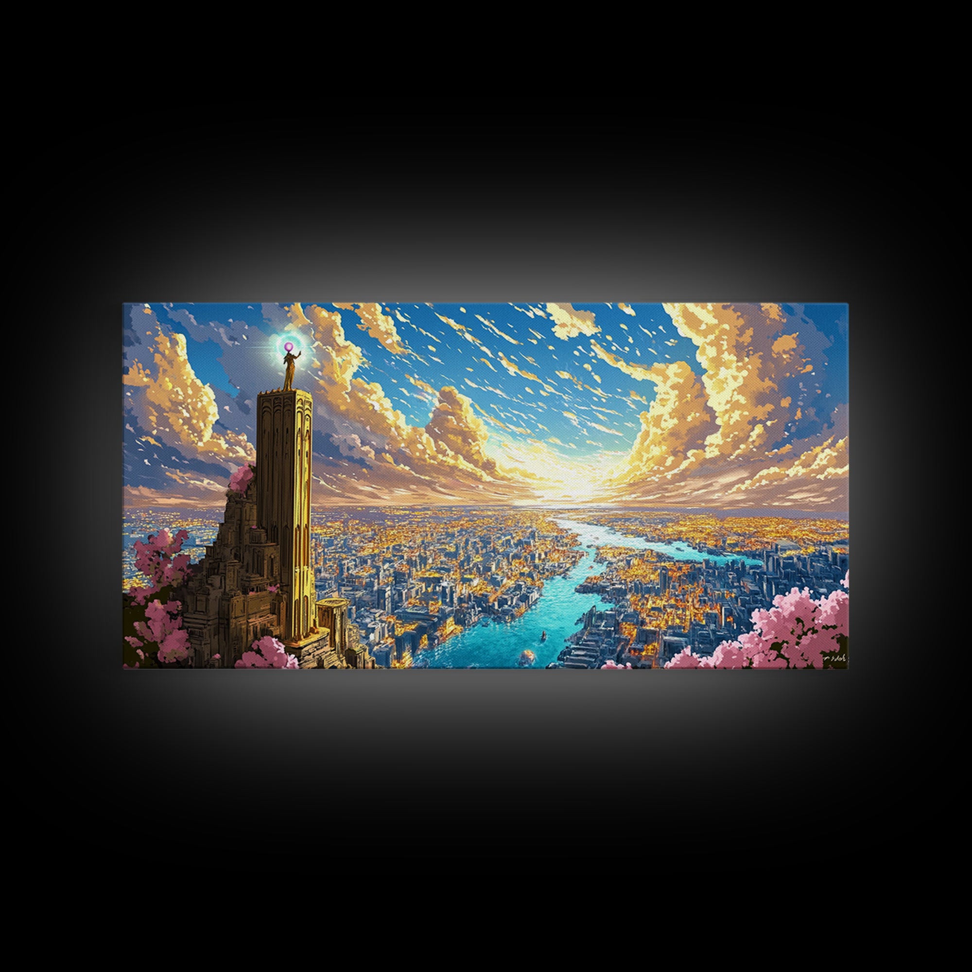 Sunset Tower Above Radiant River City Framed Canvas Print, Fantasy Wall Art, Colorful Landscape, Living Room Decor Gift Idea