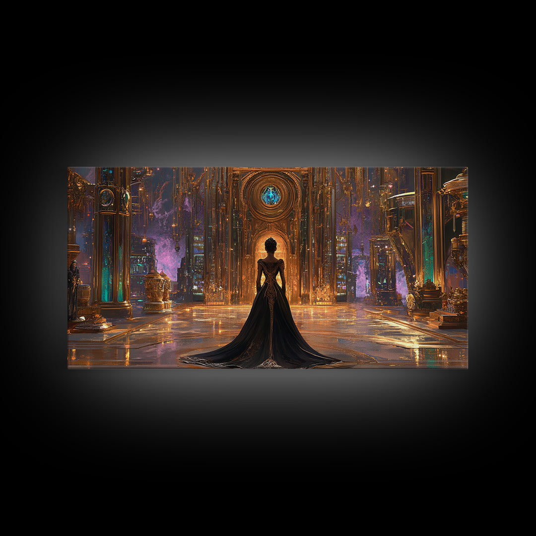 Gothic Woman In Ornate Crystal Hall Canvas Print, Dark Fantasy Wall Art, Moody Gothic Decor, Elegant Statement Artwork Gift