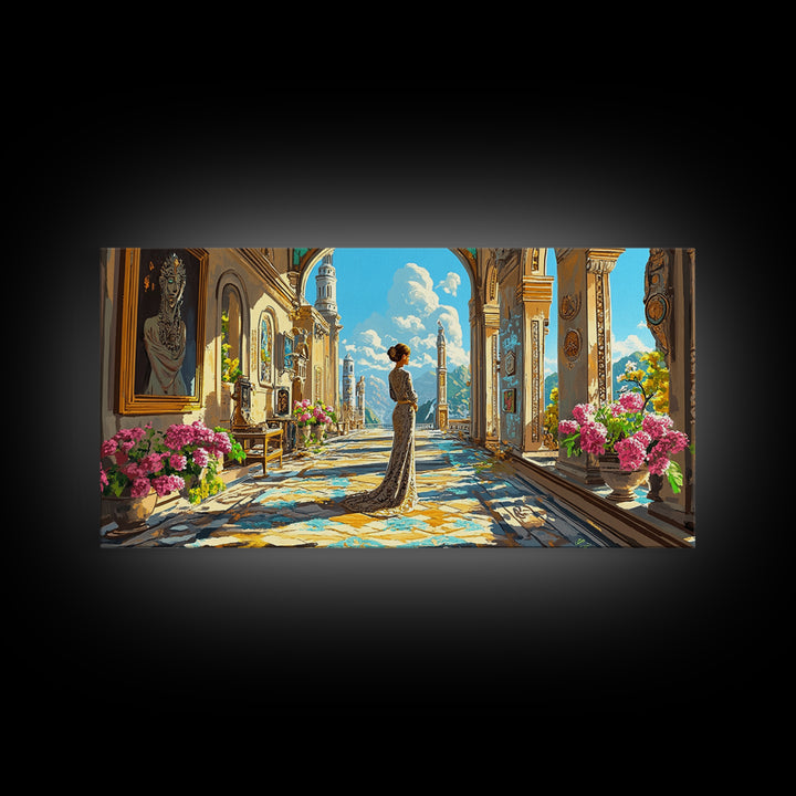 Elegant Woman In Sunlit Palace Corridor Canvas Print, Mediterranean Wall Art, Floral Decor, European Living Room Artwork Gift