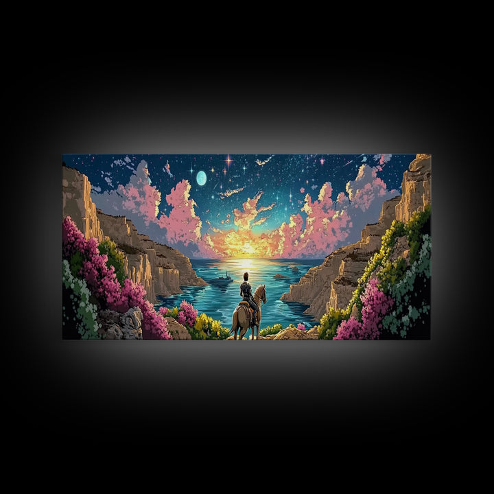 Moonlit Coastal Canyon Horse Ride Canvas Print, Fantasy Landscape Wall Art, Romantic Beach House Decor, Whimsical Gift For Her