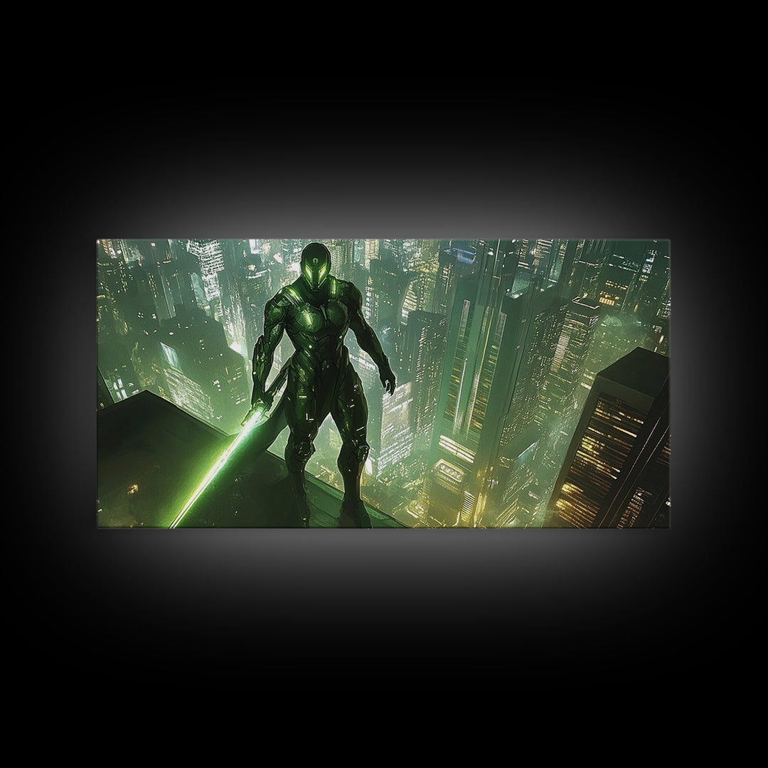 Green Cyber Warrior On Futuristic Rooftop Canvas Print, Modern Cyberpunk Wall Art, Sci Fi Gaming Room Decor, Gift For Him