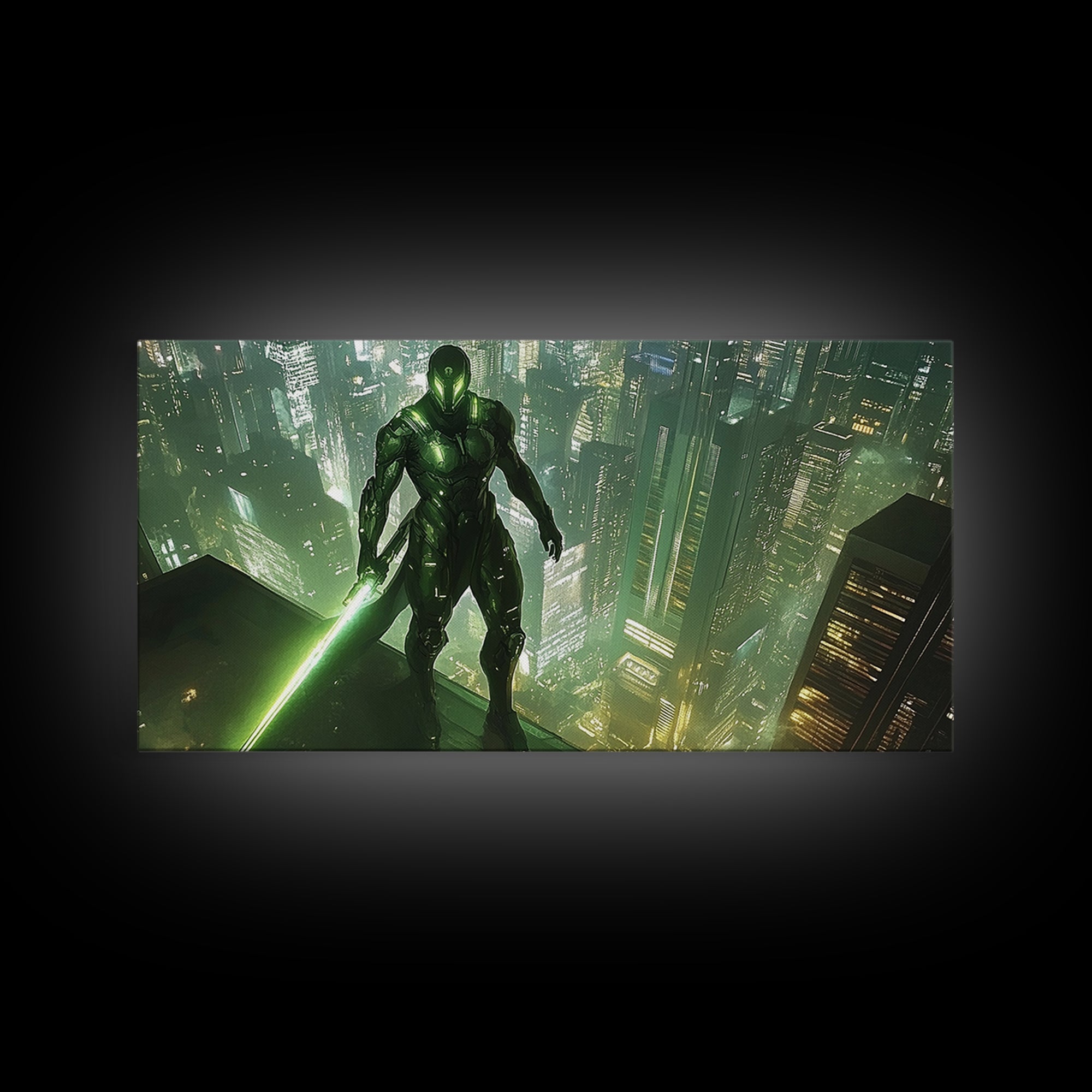 Green Cyber Warrior On Futuristic Rooftop Canvas Print, Modern Cyberpunk Wall Art, Sci Fi Gaming Room Decor, Gift For Him