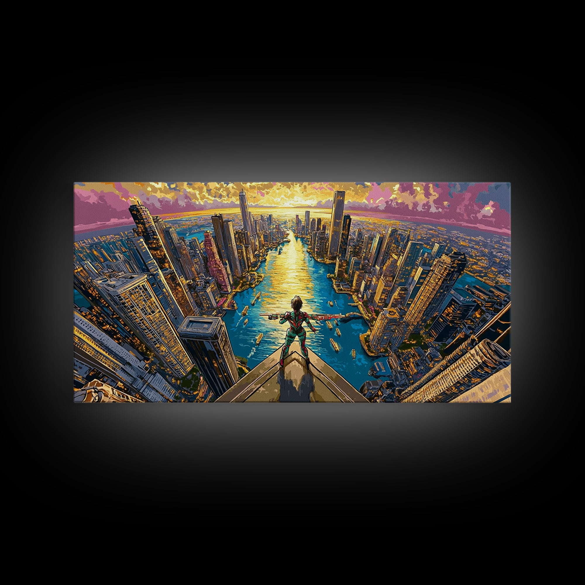 Daring Hero Above Golden Future City Framed Canvas Print, Cyberpunk Wall Art, Anime Sci Fi Decor, Large Statement Artwork