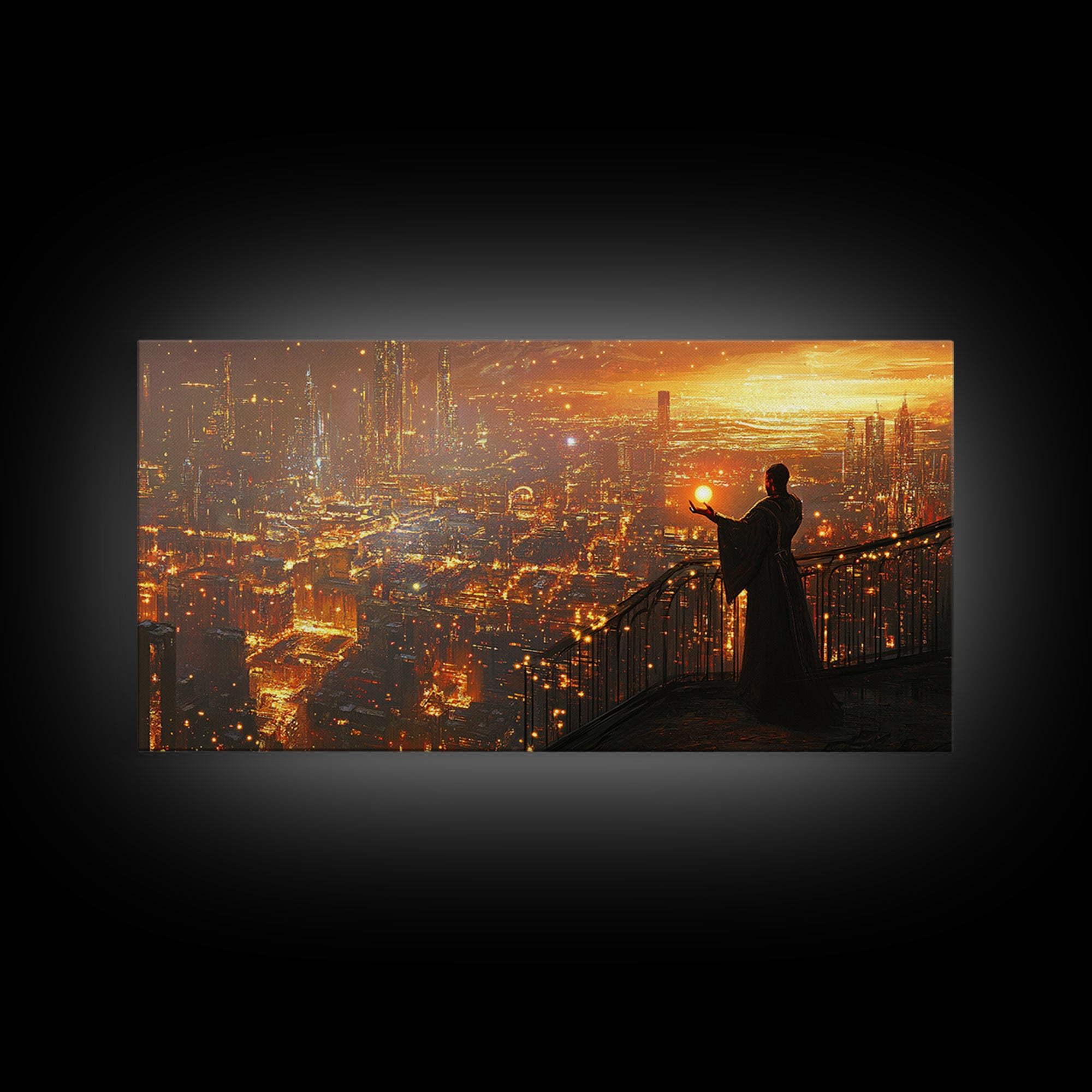 Robed Figure Holding Glowing Orb Over Dystopian City Canvas Print, Futuristic Wall Art, Golden Sci Fi Office Decor, Gift For Him