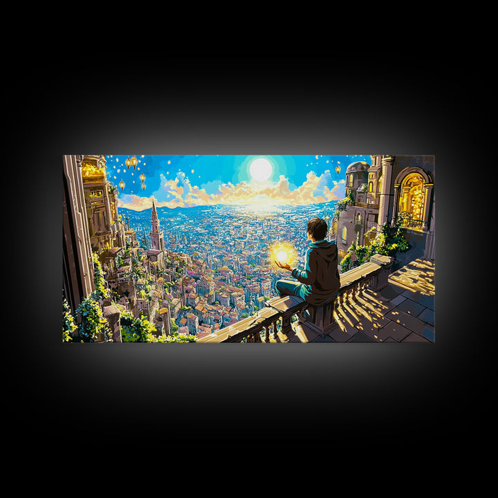 Boy With Glowing Orb Above Sunlit Fantasy City Canvas Print, Whimsical Wall Art, Magical Living Room Home Decor, Gift For Her