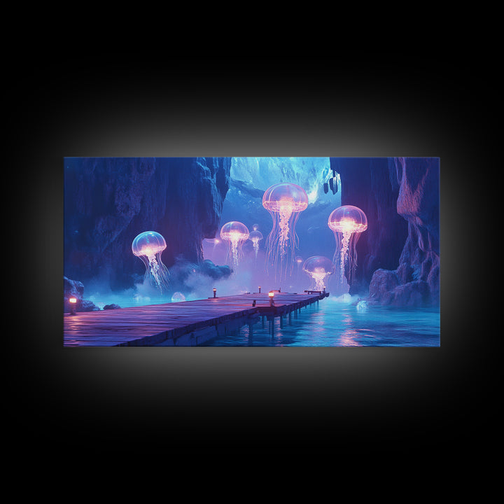 Glowing Jellyfish Cavern With Dock Canvas Print, Blue Bioluminescent Ocean Wall Art, Fantasy Coastal Home Decor, Unique Gift