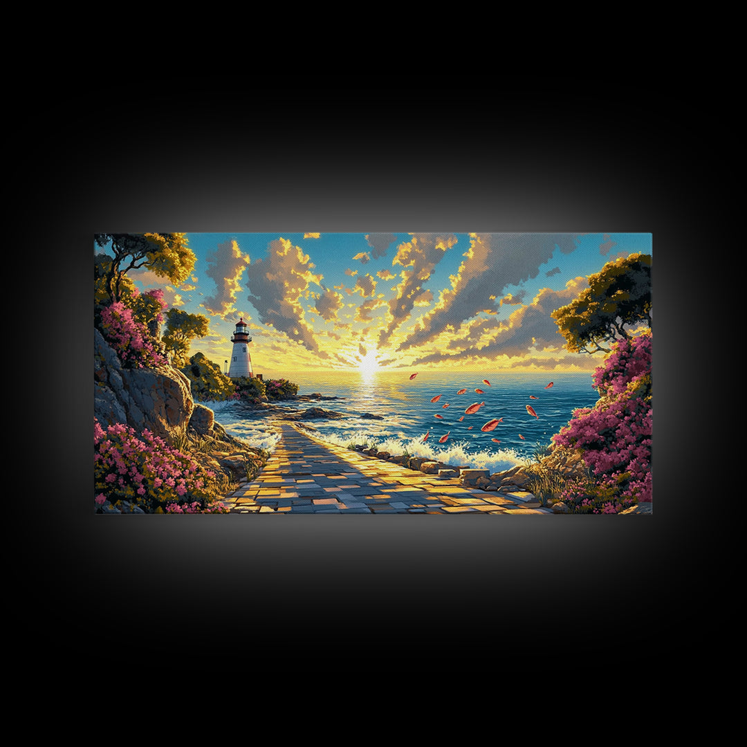 Sunlit Lighthouse Path At Golden Ocean Sunset Wall Art, Coastal Canvas Wall Art, Beach House Decor, Seascape Print, Living Room Decor
