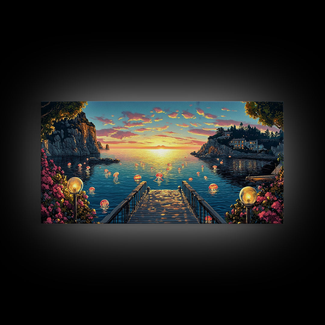Glowing Jellyfish Cove At Sunset Canvas Print, Whimsical Coastal Wall Art, Ocean Decor, Beach House Living Room Decor, Fantasy Art