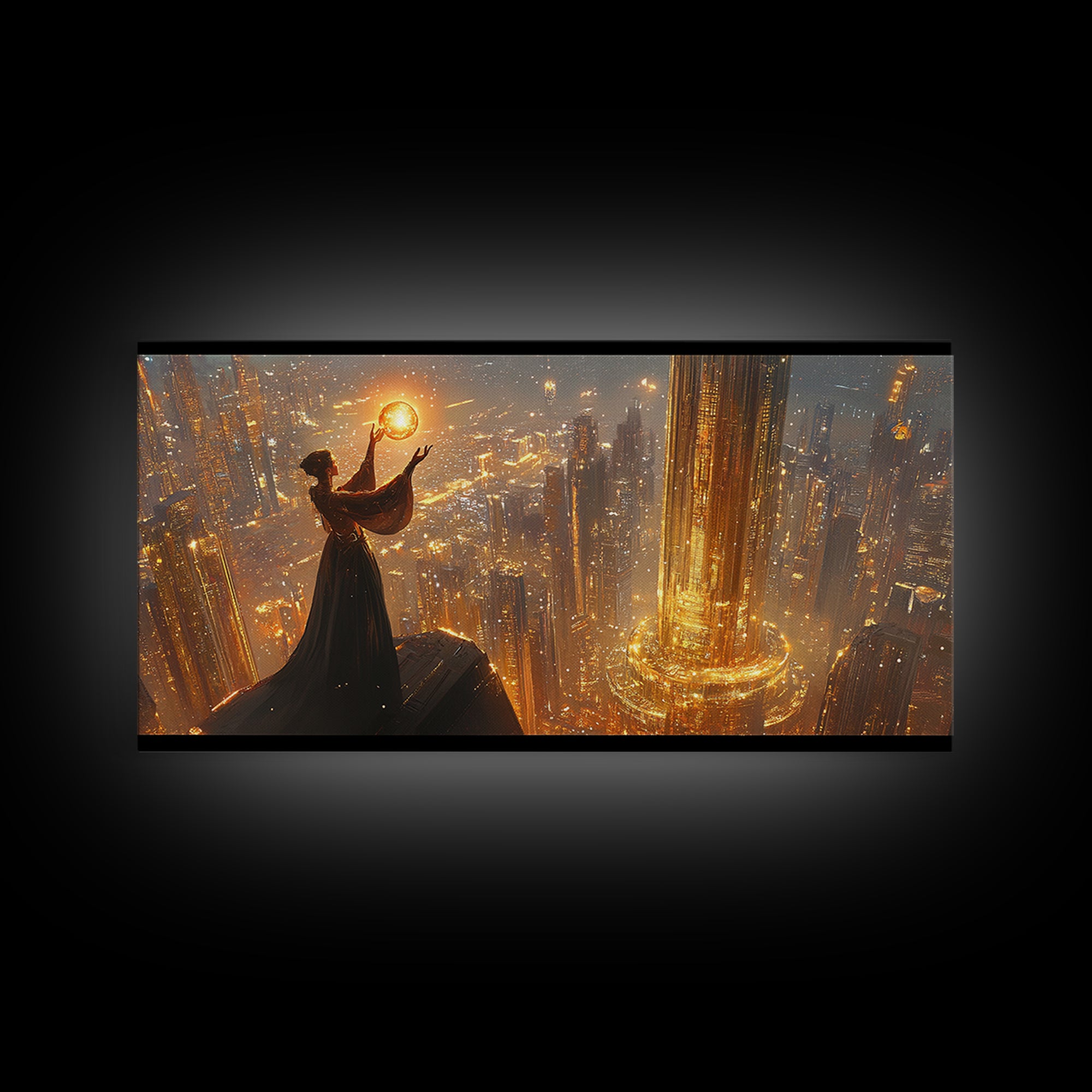 Elegant Woman Holding A Golden Orb Framed Canvas Print, Futuristic Wall Art, Sci Fi Decor, Luxury Office Statement Artwork