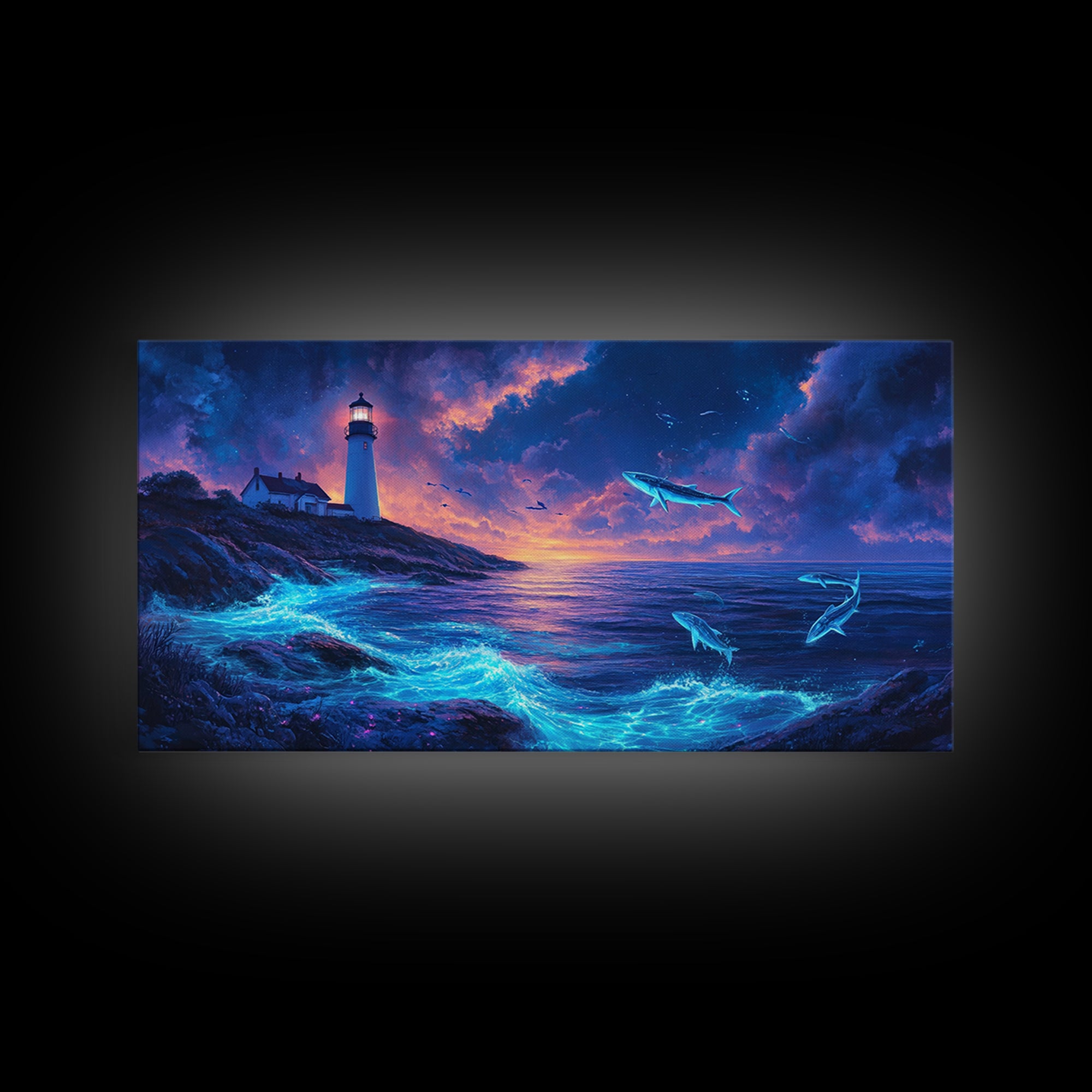 Bioluminescent Whale Ocean Lighthouse Wall Art, Fantasy Seascape Print, Coastal Wall Decor, Moody Blue Living Room Wall Art