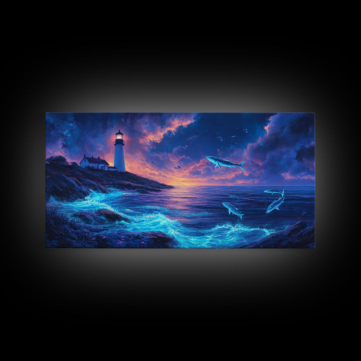 Bioluminescent Whale Ocean Lighthouse Wall Art, Fantasy Seascape Print, Coastal Wall Decor, Moody Blue Living Room Wall Art