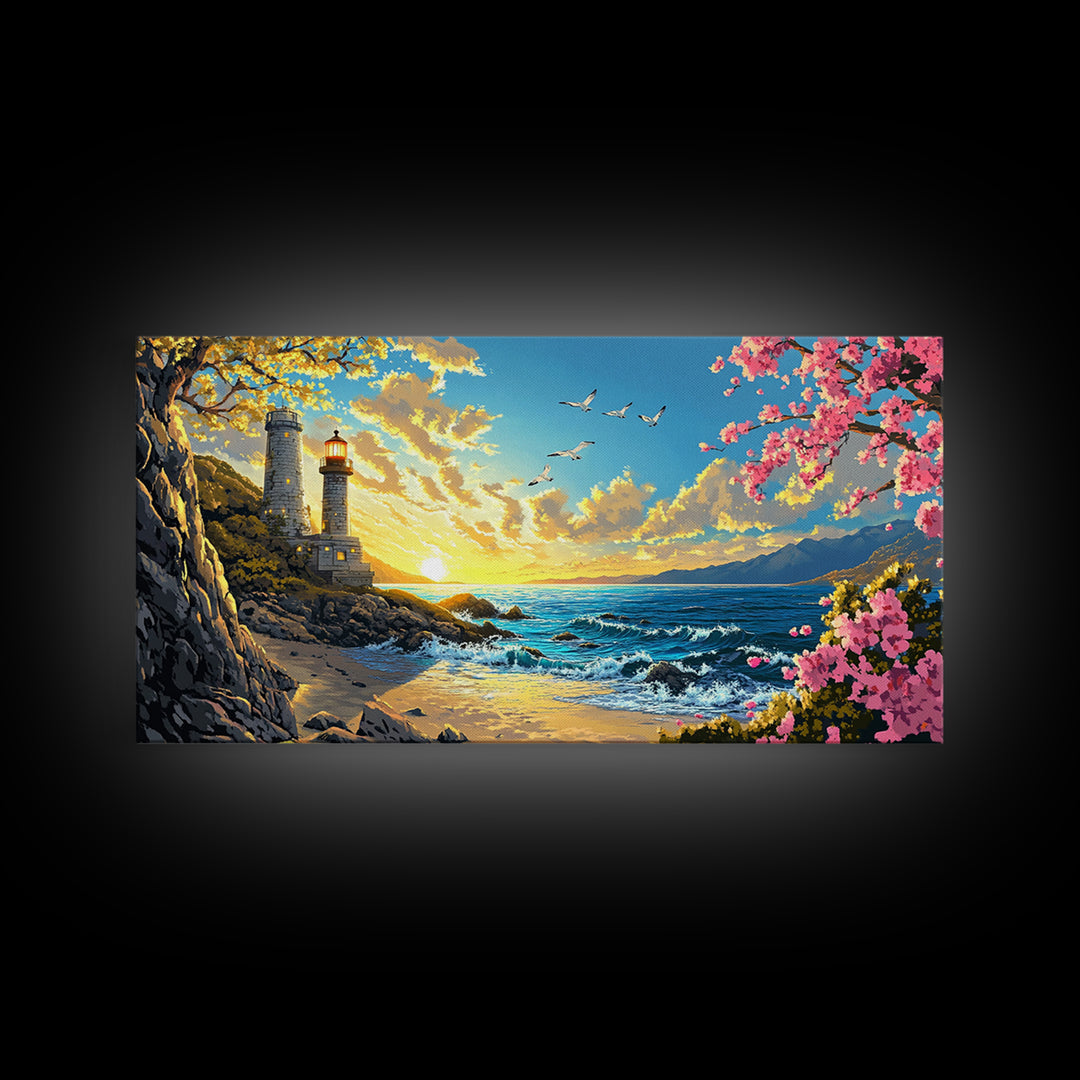 Twin Lighthouses With Cherry Blossoms At Sunrise Canvas Print, Coastal Wall Art, Beach House Decor, Nautical Living Room Art