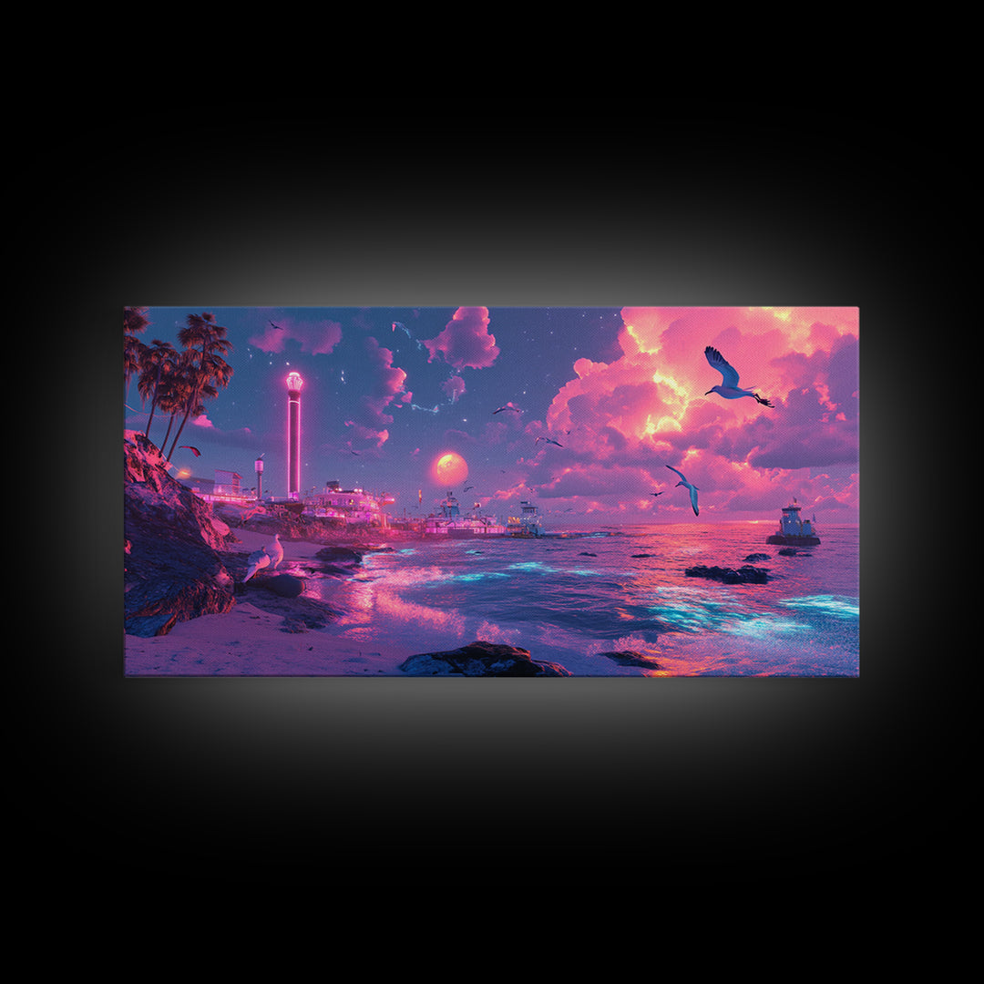 Neon Pink Coastal City At Moonlit Sunset Canvas Print, Vaporwave Wall Art, Futuristic Beach Decor, Gaming Room Poster Print