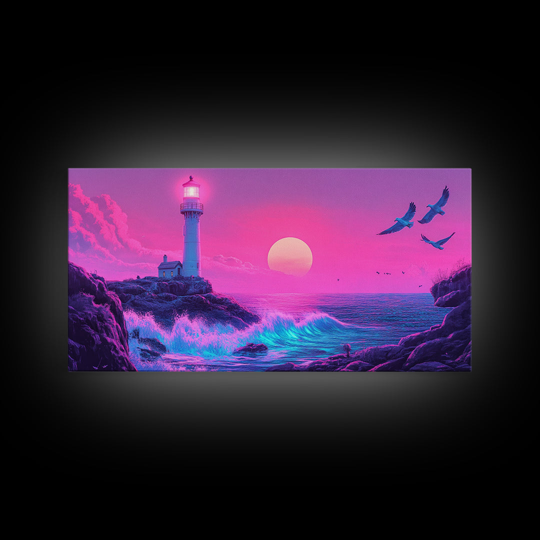 Pink Lighthouse Sunset With Turquoise Waves Framed Canvas Print, Coastal Wall Art, Vaporwave Beach Decor, Ocean Poster Print