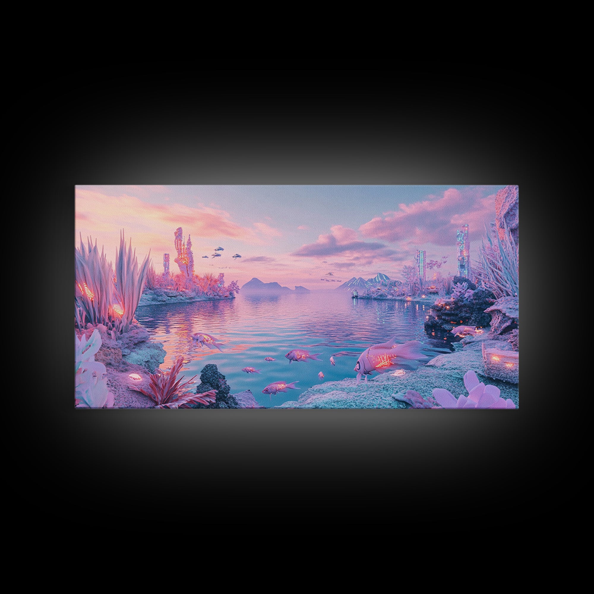 Pastel Alien Crystal Shore With Glowing Wildlife Wall Art, Fantasy Landscape Print, Sci Fi Decor, Dreamy Nursery Wall Art