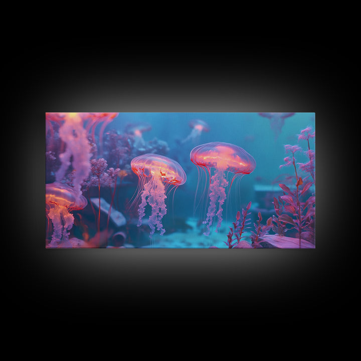 Glowing Jellyfish Garden Under Turquoise Sea Canvas Print, Underwater Wall Art, Ocean Decor, Marine Life Nursery Art Print