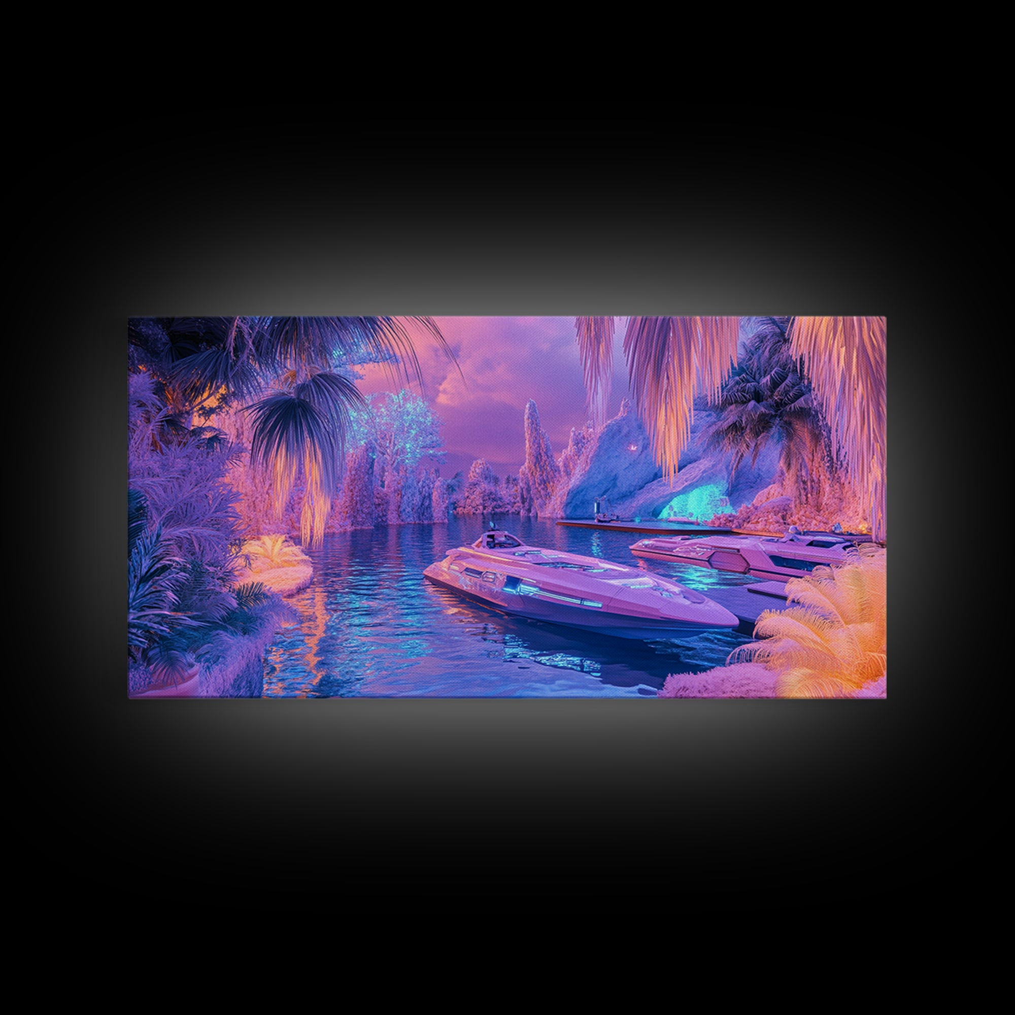 Neon Tropical Lagoon Canvas Print, Futuristic Palm Boat Wall Art, Dopamine Decor, Gaming Room Decor, Vibrant Coastal Art