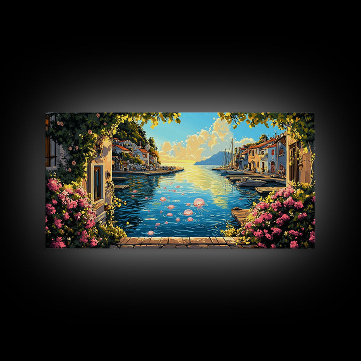 Mediterranean Flower Harbor Wall Art, Sunny Coastal Village Canvas Print, Lake Como Decor, Living Room Wall Art Gift For Her