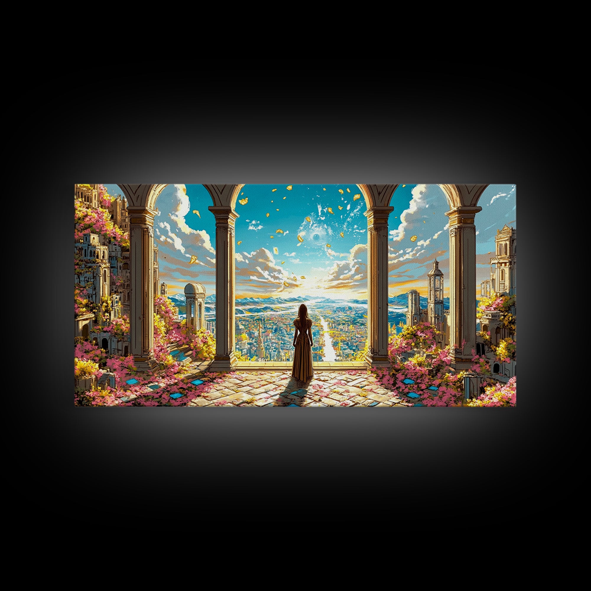Arched Terrace Fantasy City Wall Art, Woman Over Sunlit Kingdom Framed Canvas Print, Maximalist Decor, Statement Artwork