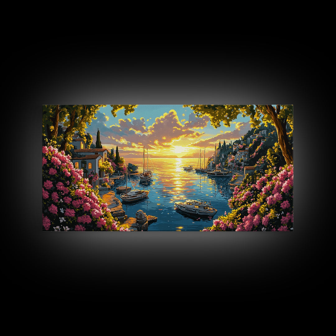 Golden Amalfi Harbor Sunset Wall Art, Coastal Village Seascape Canvas Print, Mediterranean Decor, Above Sofa Wall Art Gift