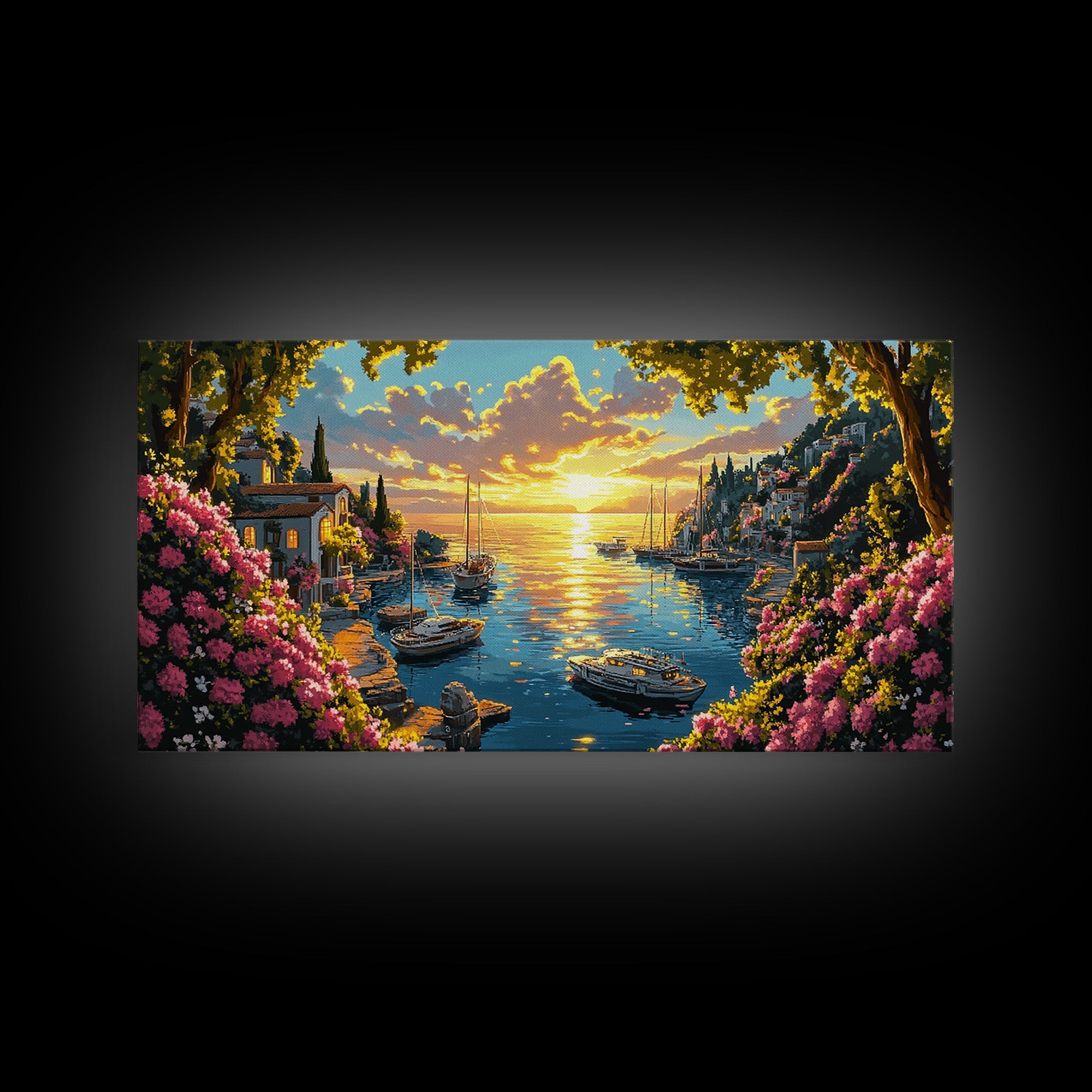 Golden Amalfi Harbor Sunset Wall Art, Coastal Village Seascape Canvas Print, Mediterranean Decor, Above Sofa Wall Art Gift
