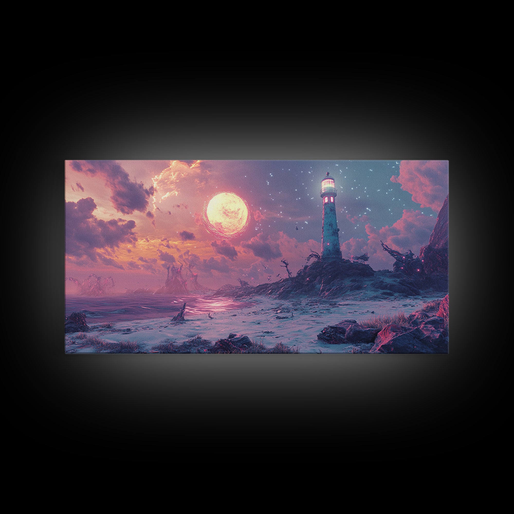 Pink Moon Lighthouse Seascape Wall Art, Fantasy Coastal Canvas Print, Moody Ocean Decor, Celestial Wall Art For Bedroom Decor