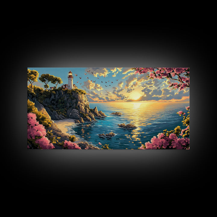 Sunlit Lighthouse Cliff Wall Art, Coastal Ocean Seascape Canvas Print, Beach House Decor, Nautical Wall Art Gift For Her