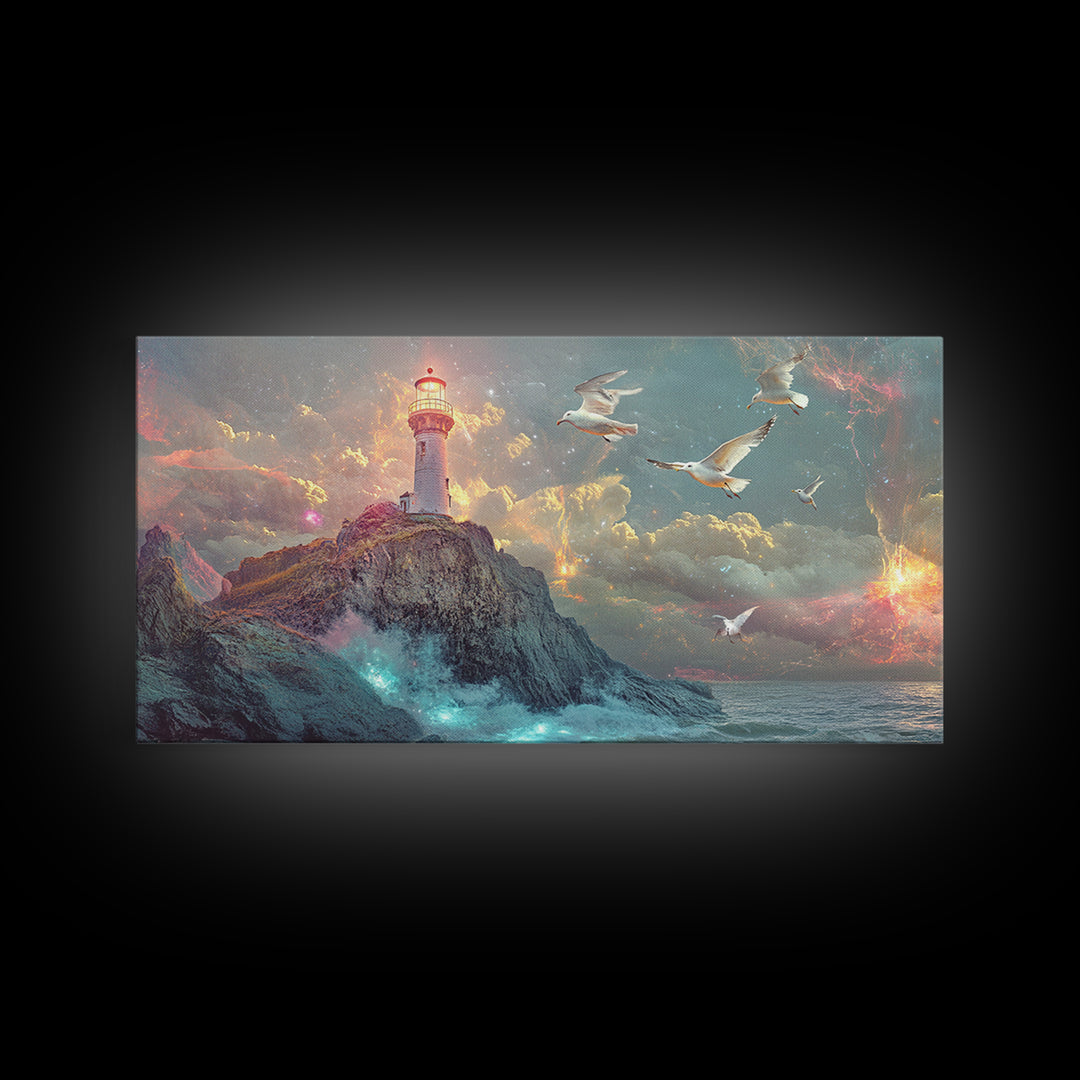 Stormy Lighthouse On Rocky Cliff Wall Art, Dramatic Seascape Framed Canvas Print, Nautical Decor, Coastal Wall Art Gift For Him