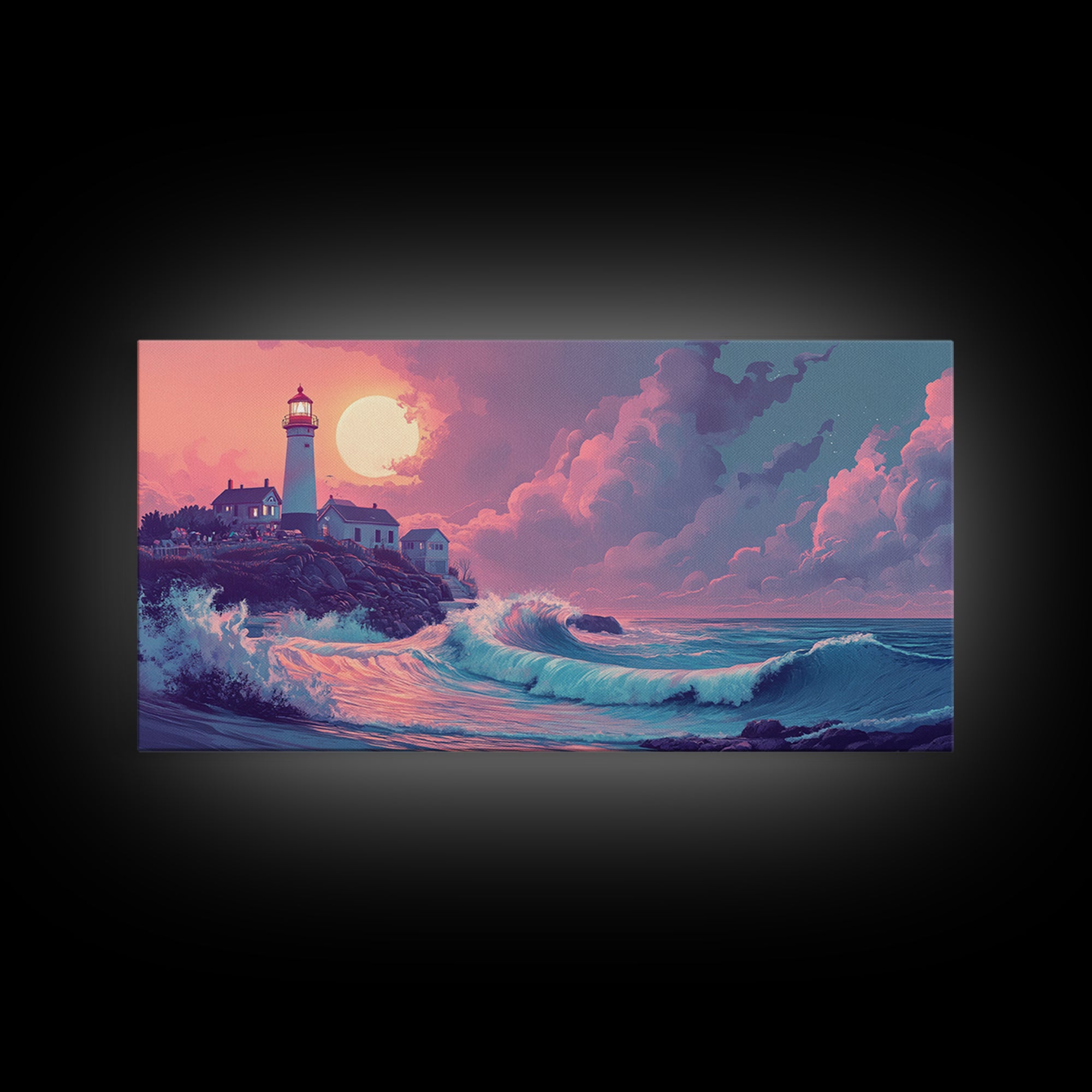 Pastel Moon Lighthouse Wave Wall Art, Dreamy Coastal Seascape Canvas Print, Beach House Decor, Pink Ocean Wall Art Gift For Her