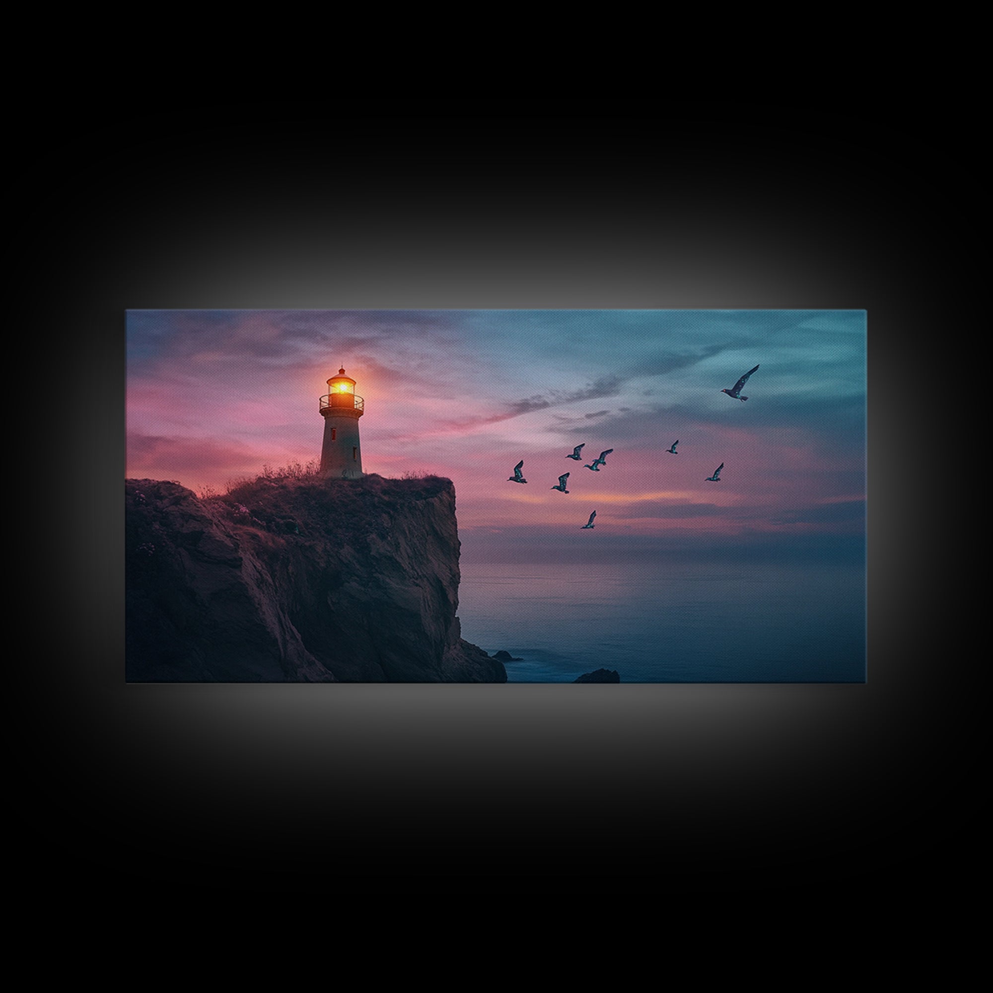Twilight Lighthouse Cliff Wall Art, Moody Ocean Seascape Canvas Print, Nautical Office Decor, Coastal Wall Art Gift For Him