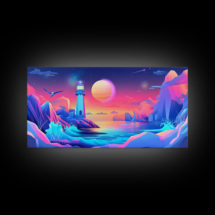 Neon Iceberg Lighthouse Under Giant Moon Canvas Print, Futuristic Wall Art, Cyberpunk Decor, Sci Fi Ocean Landscape Poster