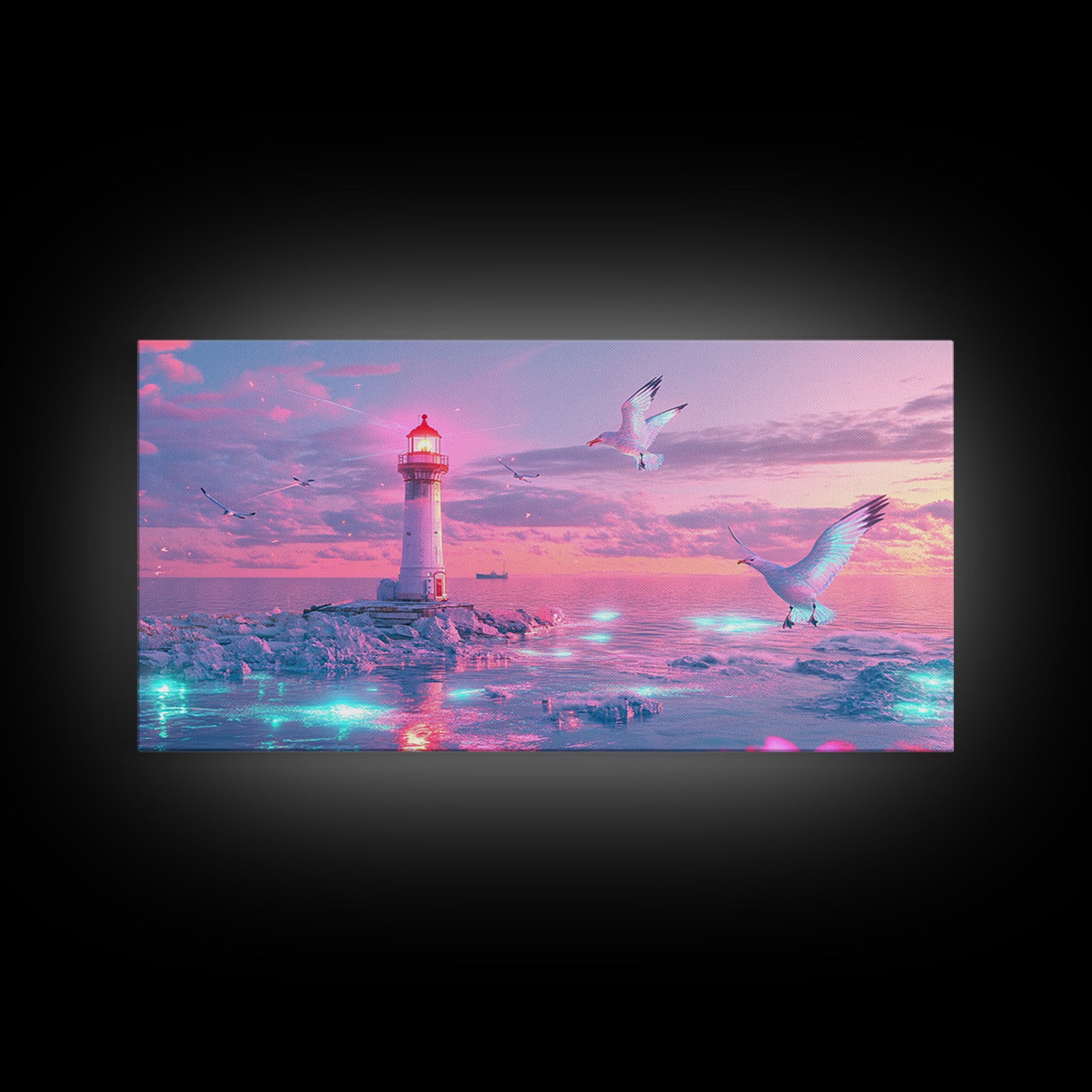 Pastel Pink Lighthouse On Glowing Sea Canvas Print, Coastal Wall Art, Dreamy Seascape, Beach Decor For Bedroom Wall Decor
