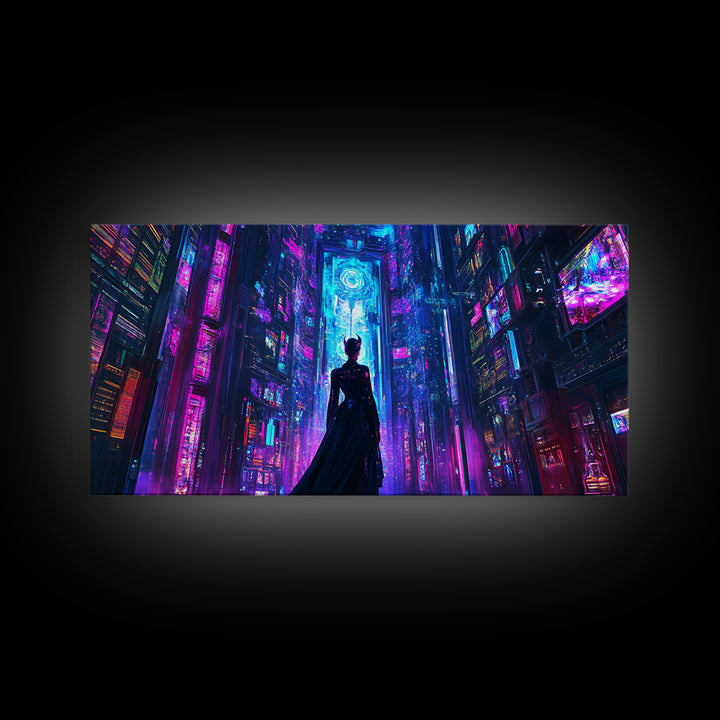 Silhouetted Woman In Neon Cyberpunk City Canvas Print, Futuristic Wall Art, Sci Fi Decor, Gaming Room Statement Art Poster