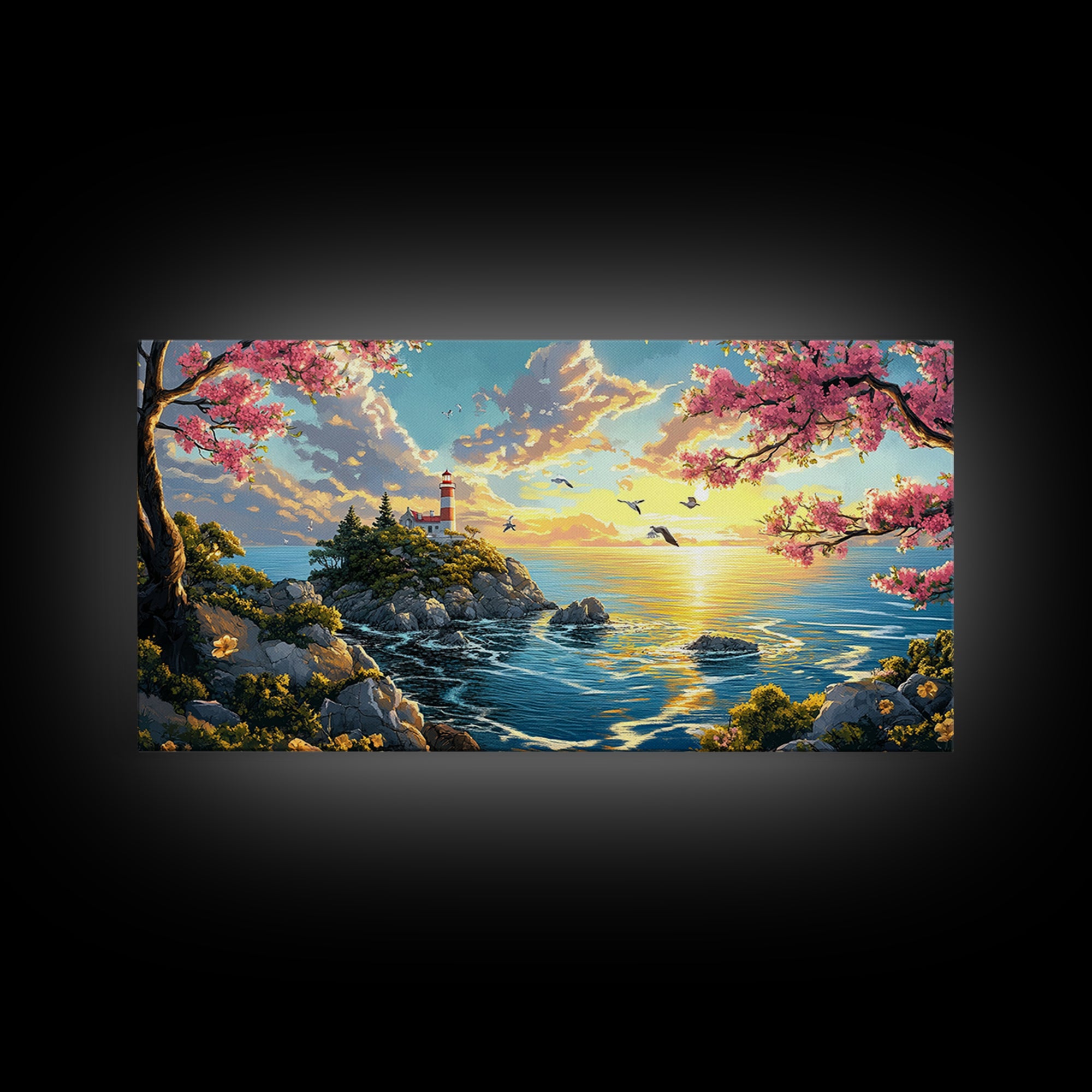 Cherry Blossom Lighthouse Over Golden Sea Framed Canvas Print, Coastal Wall Art, Spring Decor, Ocean Landscape Art Gift Idea