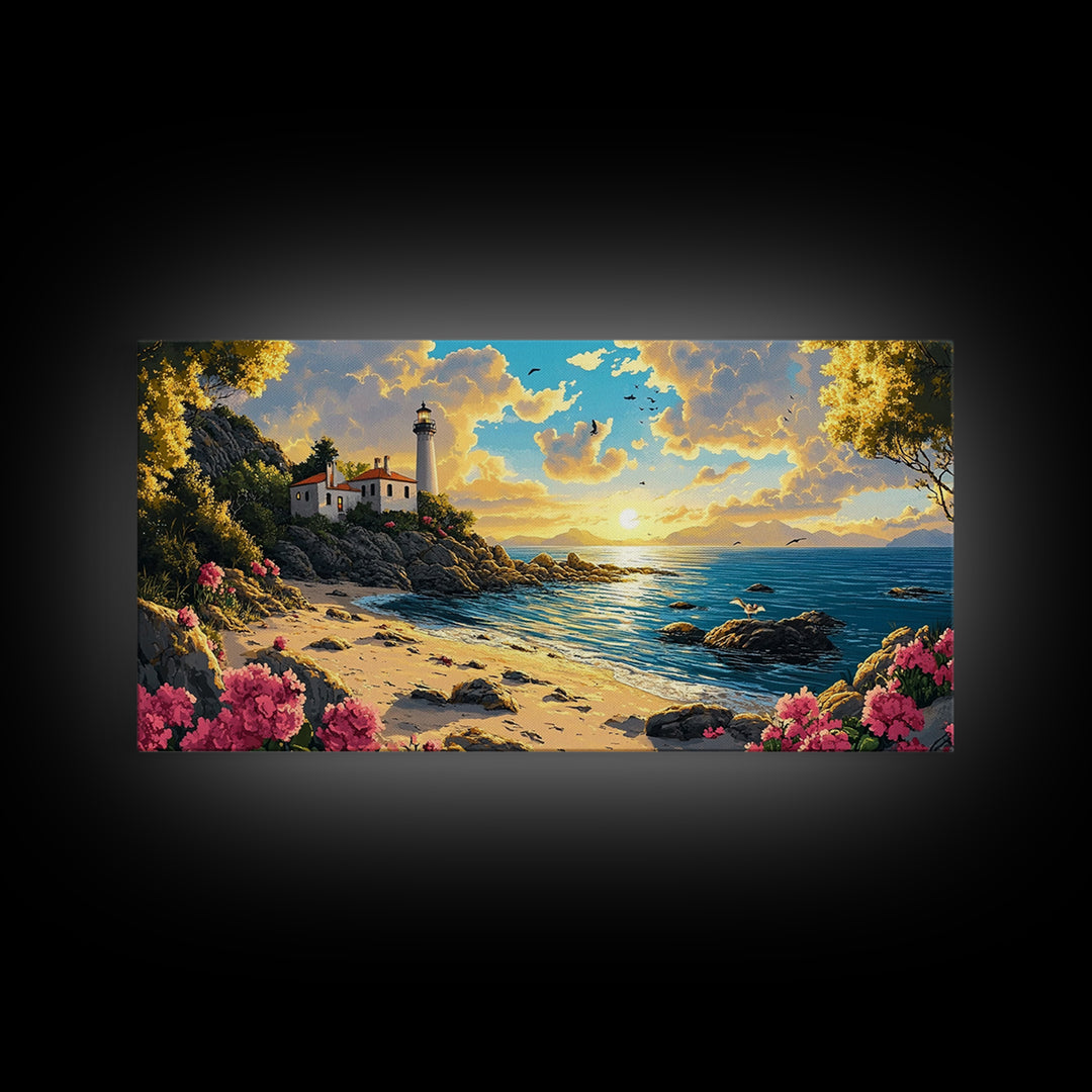 Rocky Beach Lighthouse At Warm Sunset Canvas Print, Coastal Wall Art, Ocean Seascape, Beach House Living Room Decor Gift