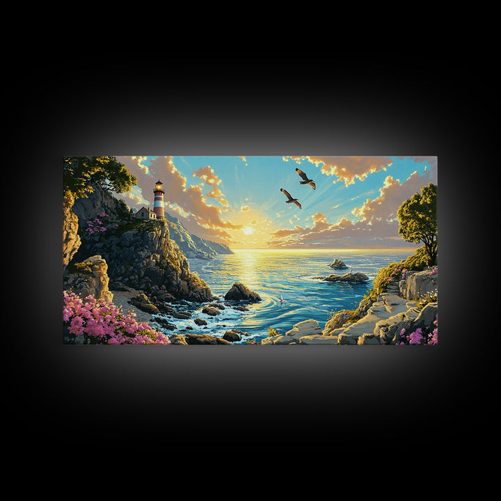 Clifftop Lighthouse Path With Seagulls Framed Canvas Print, Coastal Wall Art, Panoramic Ocean Art, Beach House Decor Gift