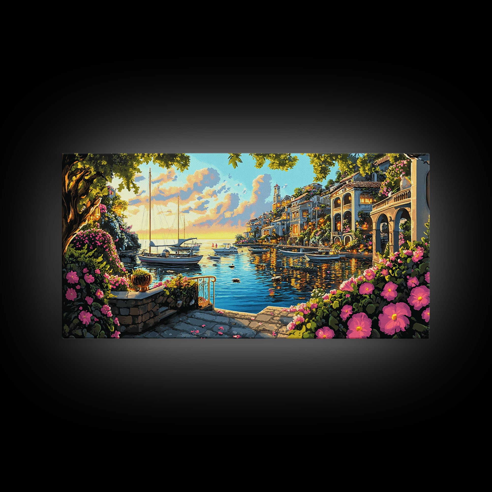 Flower Filled Mediterranean Marina At Sunset Canvas Print, Coastal Wall Art, Italy Decor, Canal Village Landscape Print Gift