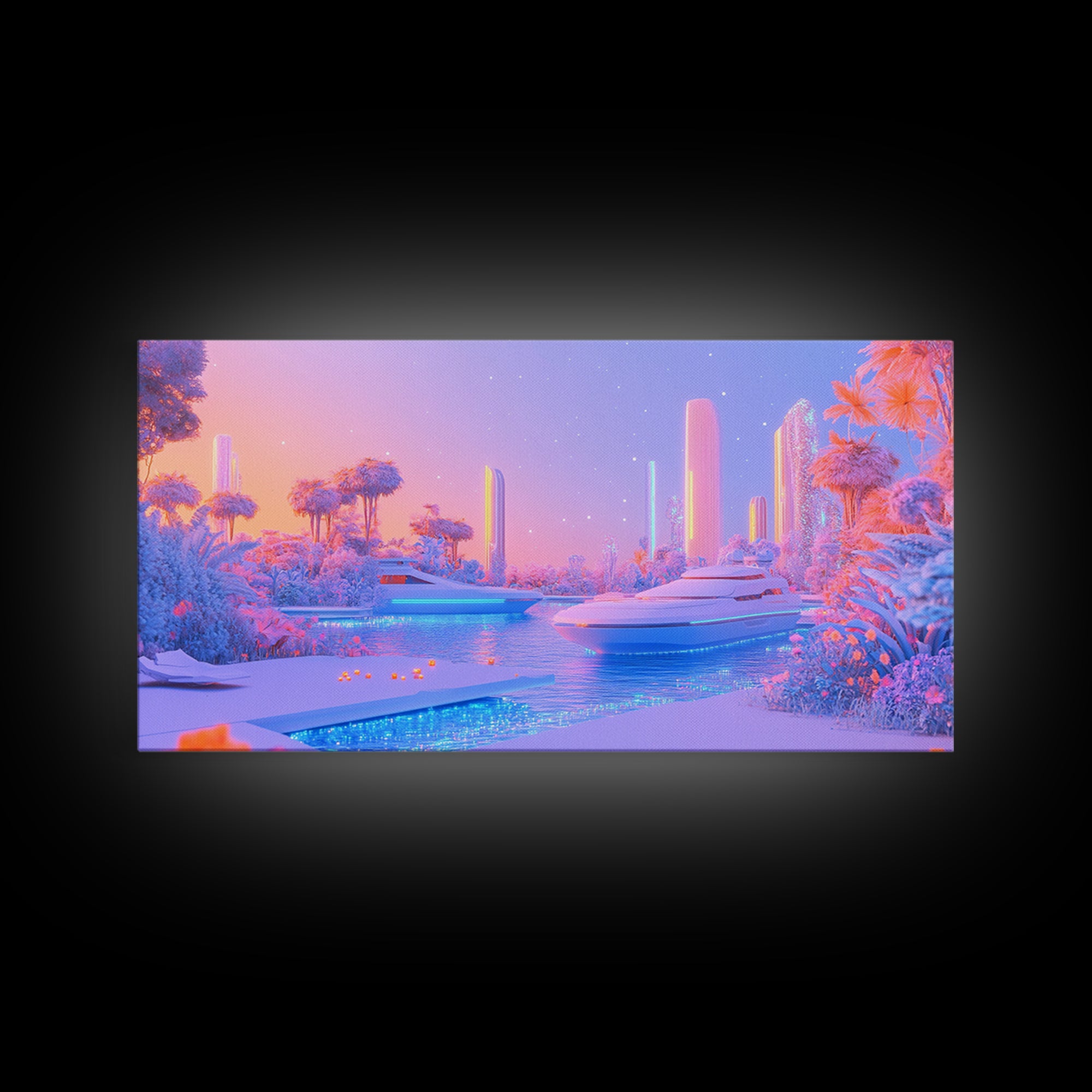 Pastel Futuristic Yacht Canal With Pink Palms Canvas Print, Sci Fi Wall Art, Vaporwave Decor, Dreamy Coastal Poster For Bedroom