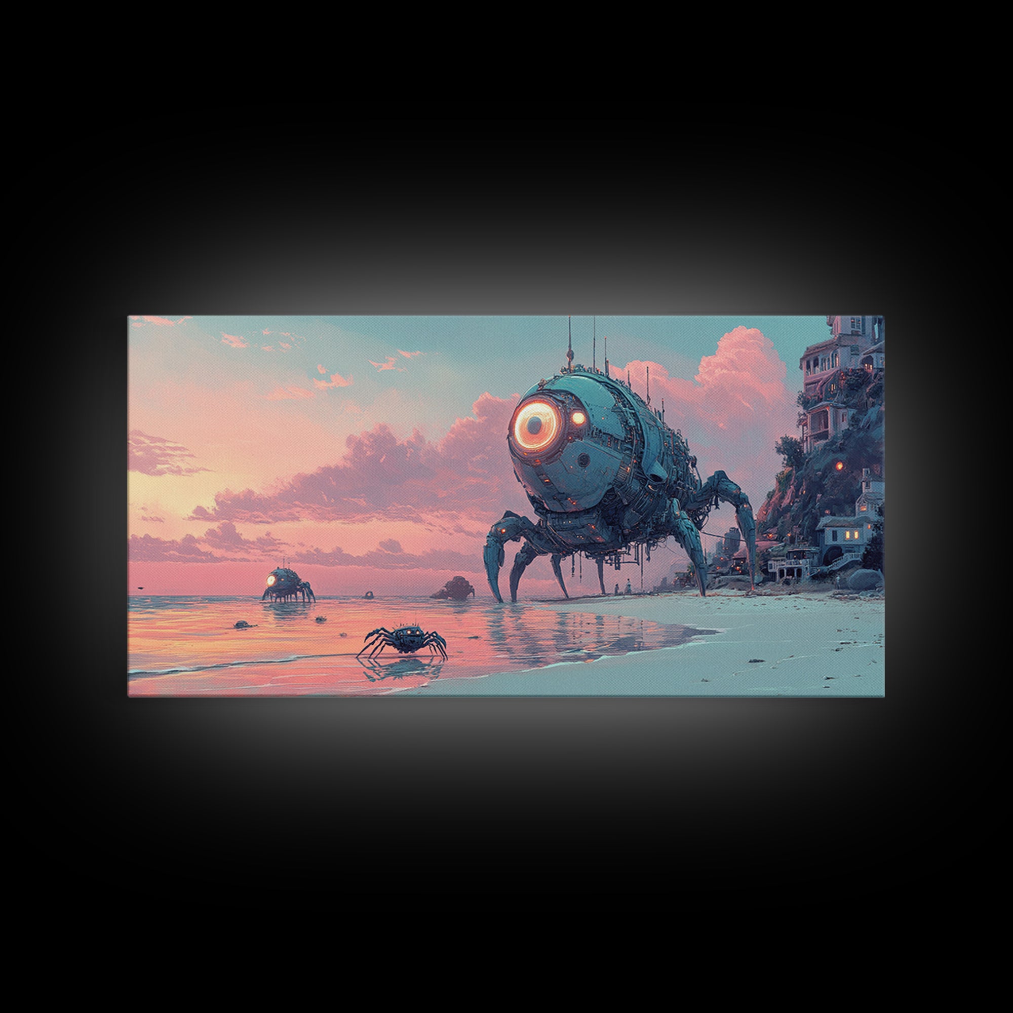 Robot Crab Beach Sunset Wall Art, Sci Fi Coastal Canvas, Futuristic Ocean Decor, Cyberpunk Seascape Print, Gamer Gift For Him