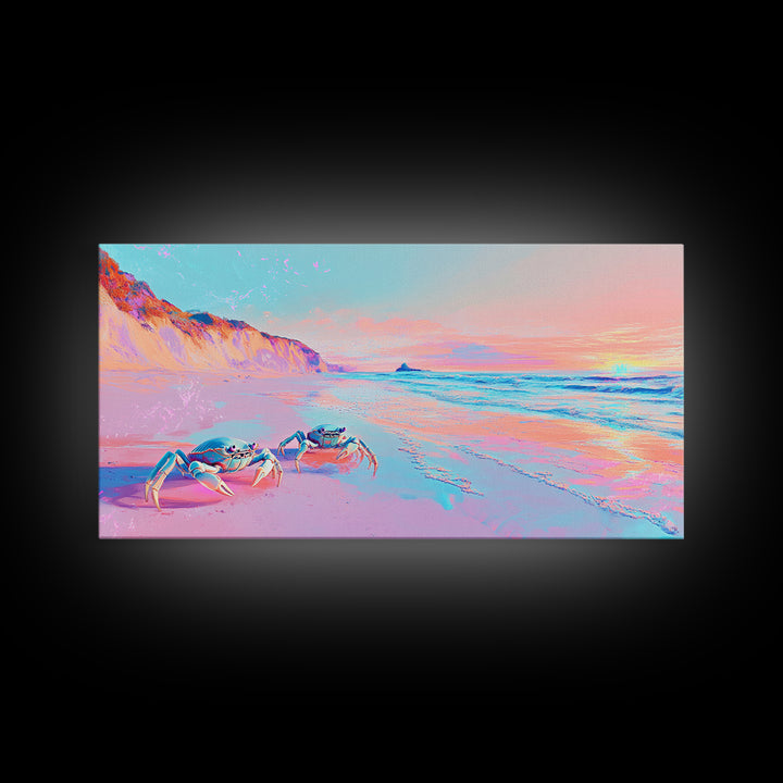 Pastel Crabs On Pink Beach Canvas Print, Coastal Wall Decor, Ocean Sunset Art, Tropical Nursery Decor, Beach House Gift For Her
