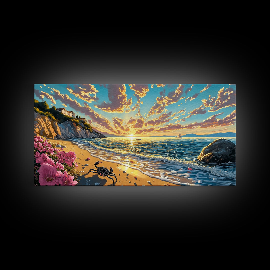 Golden Coastal Sunset With Crab Wall Art, Mediterranean Beach House Decor, Ocean Seascape Print, Living Room Canvas Art Gift