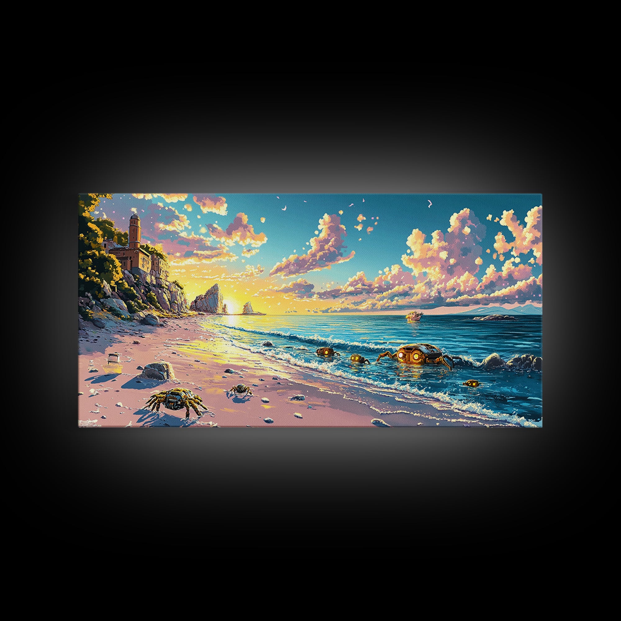 Sunlit Lighthouse Cove And Robot Crab Canvas Print, Coastal Sci Fi Wall Decor, Ocean Beach Art, Futuristic Nautical Gift