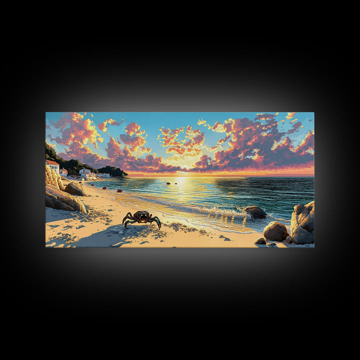 Crab On Golden Beach At Sunset Wall Art, Coastal Seascape Print, Ocean House Decor, Tropical Living Room Canvas Gift For Her