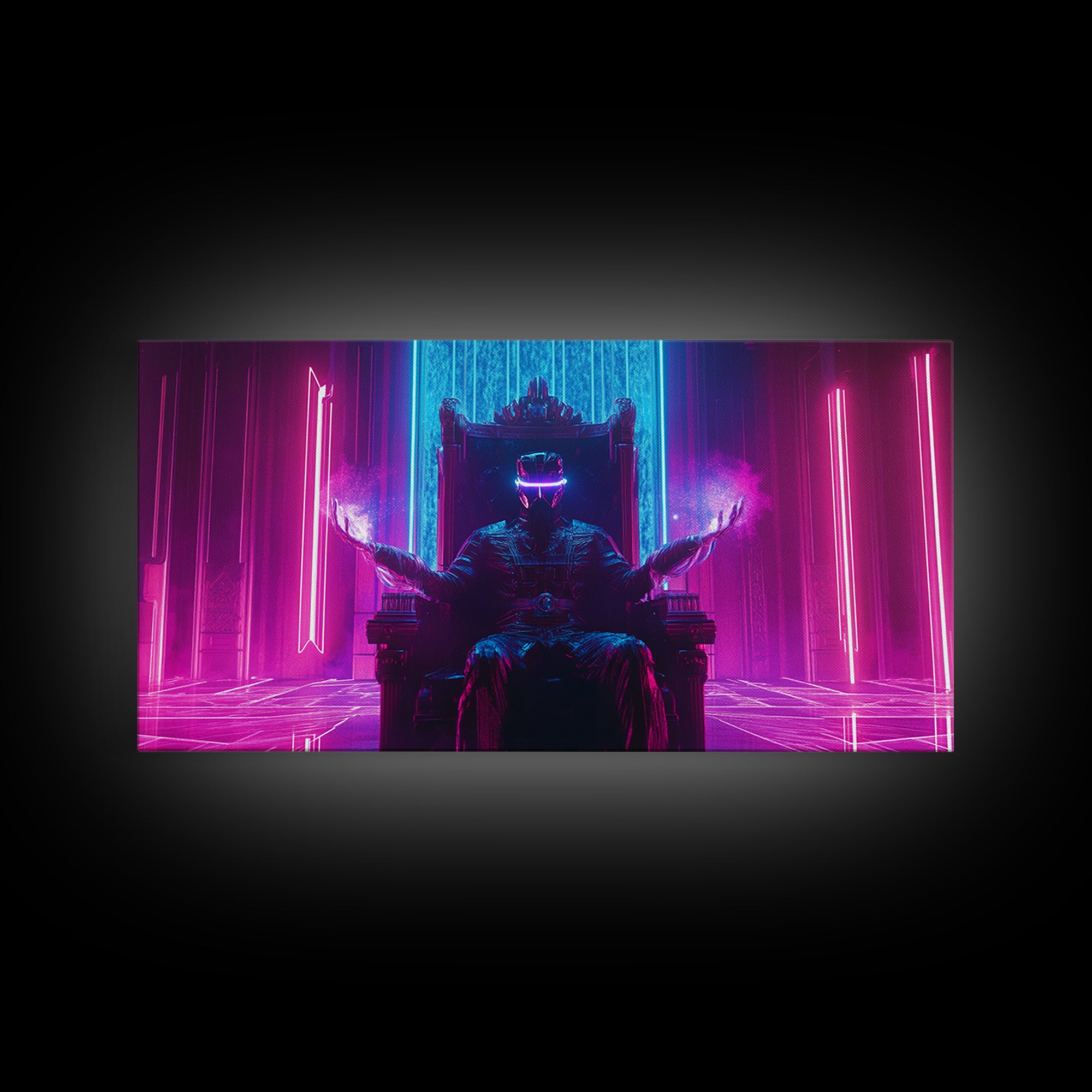 Neon Cyberpunk King On Throne Framed Canvas Print, Futuristic Wall Art, Sci Fi Gaming Room Decor, Dark Fantasy Gift For Him