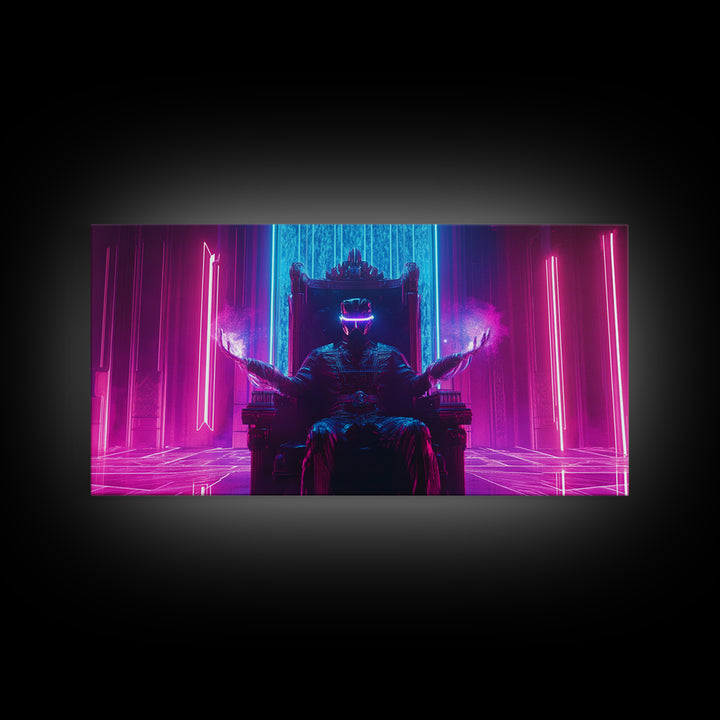 Neon Cyberpunk King On Throne Framed Canvas Print, Futuristic Wall Art, Sci Fi Gaming Room Decor, Dark Fantasy Gift For Him
