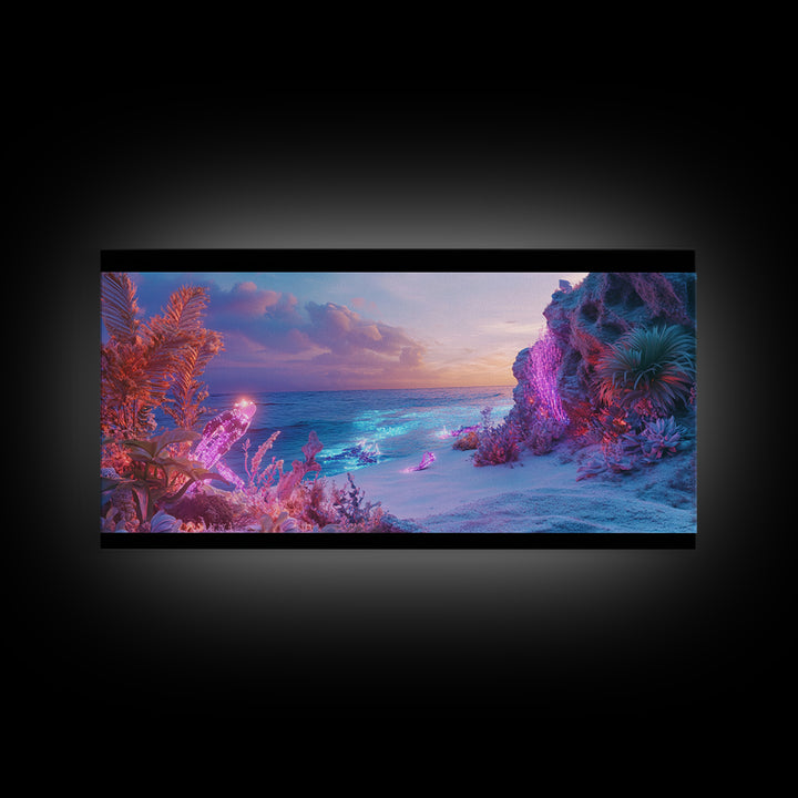 Neon Fantasy Beach With Glowing Coral Canvas Print, Tropical Ocean Wall Art, Cyberpunk Coastal Decor, Ethereal Seascape Print